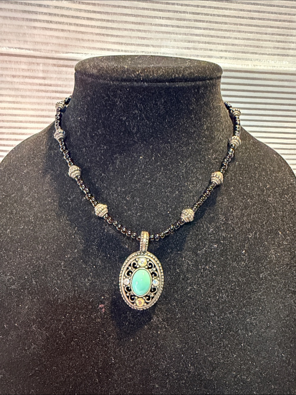 Source Unknown Turquoise Oval Pendant Necklace - Silver and Black Beads